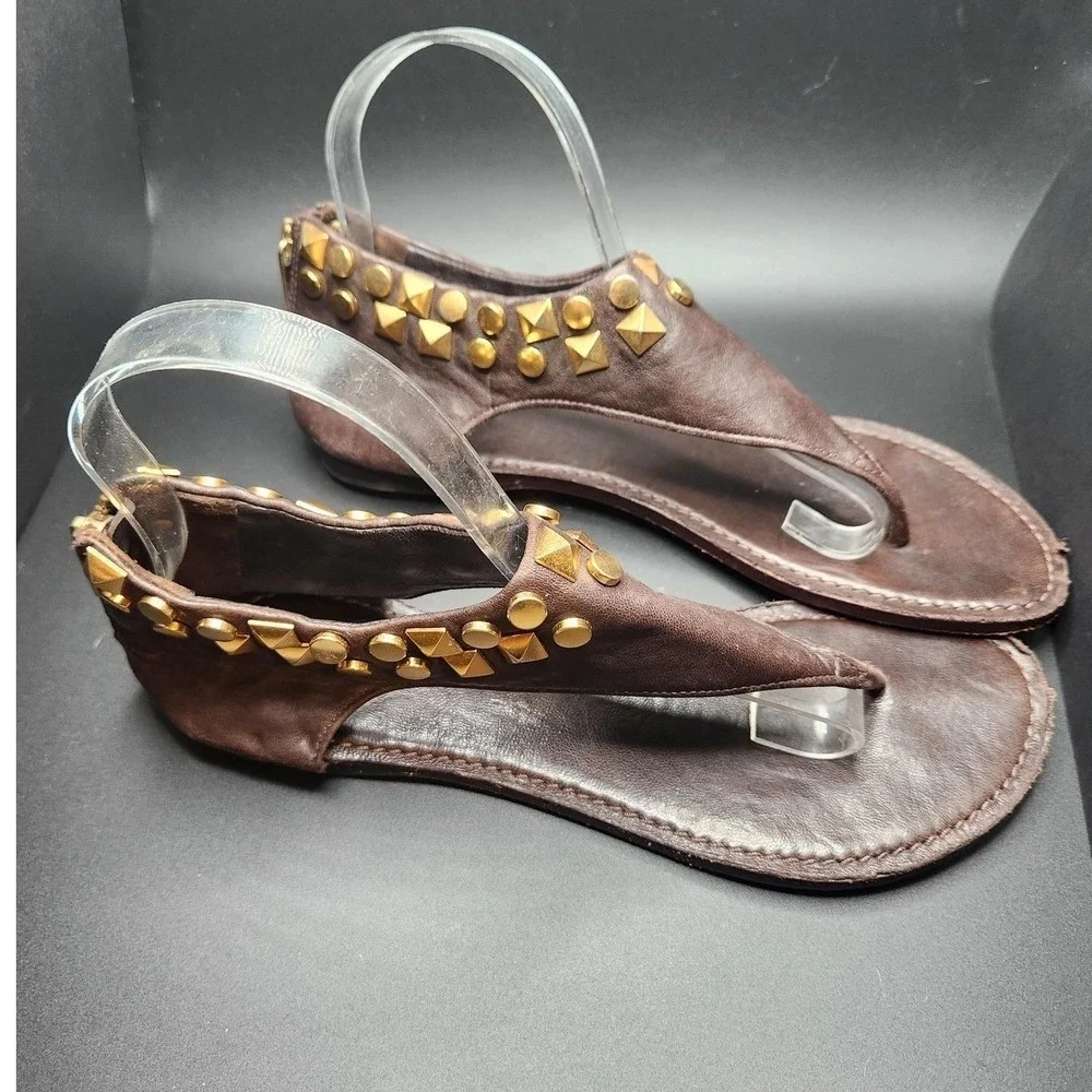 Tory Burch Sandals Shoes Womens Size 7.5 Brown Studded Leather Thong Ankle Zip